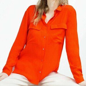 ZARA BRIGHT RED GOLD‎ BUTTON SHIRT POCKET FRONT VISCOSE SILKY SIDE SLIT S NWT